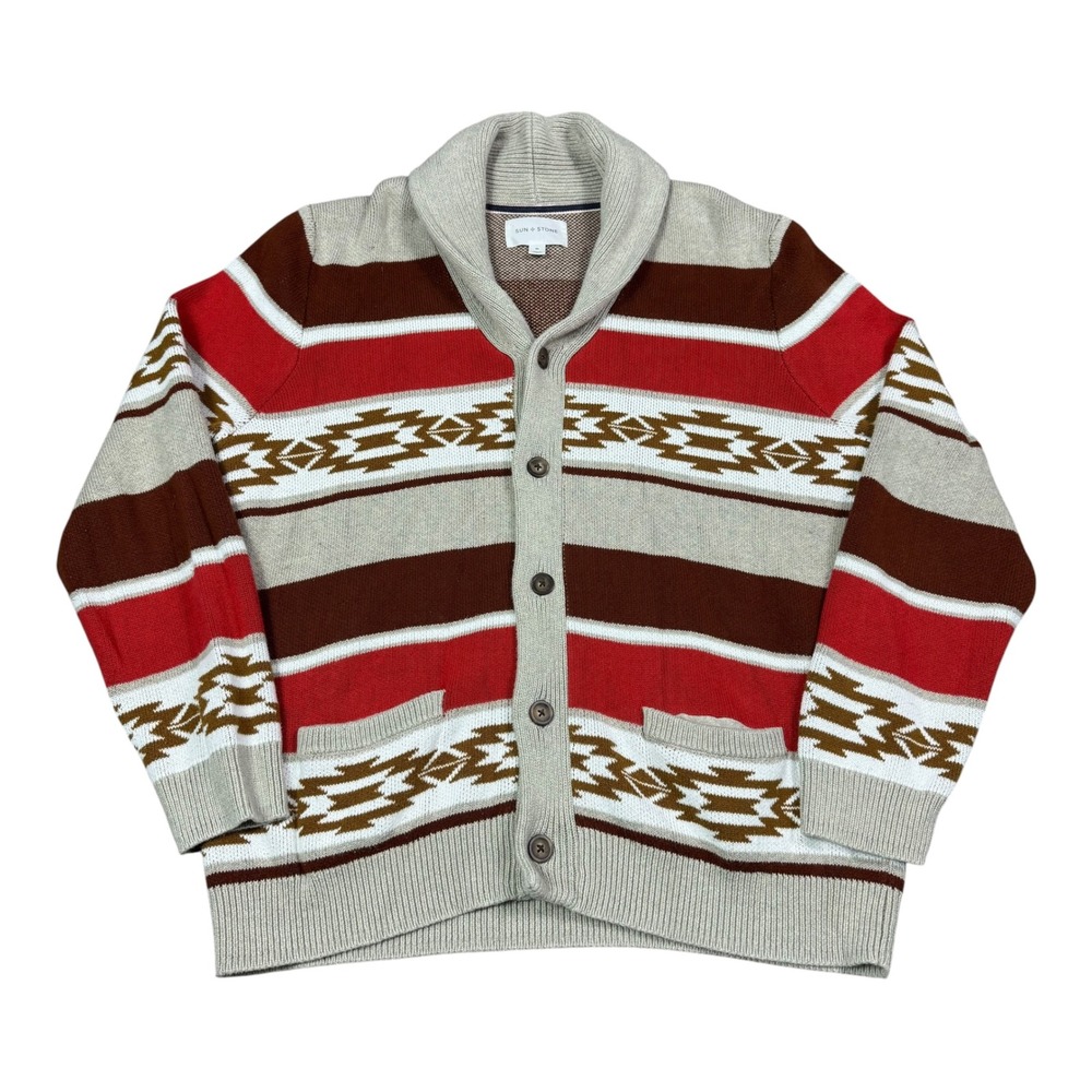 Sun + Stone Western Aztec Patterned Shawl Cardigan Sweater Men's XL